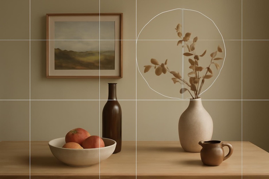 A still life arrangement with overlayed grid and circular proportion lines
