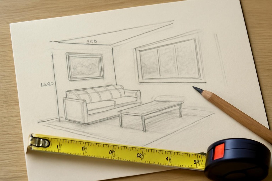 Sketch of a room with measuring tape and eye-line notes