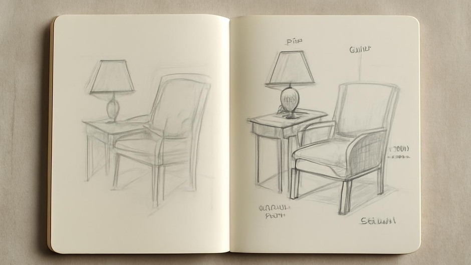 Two sketchbook pages, one loose gesture, one annotated study