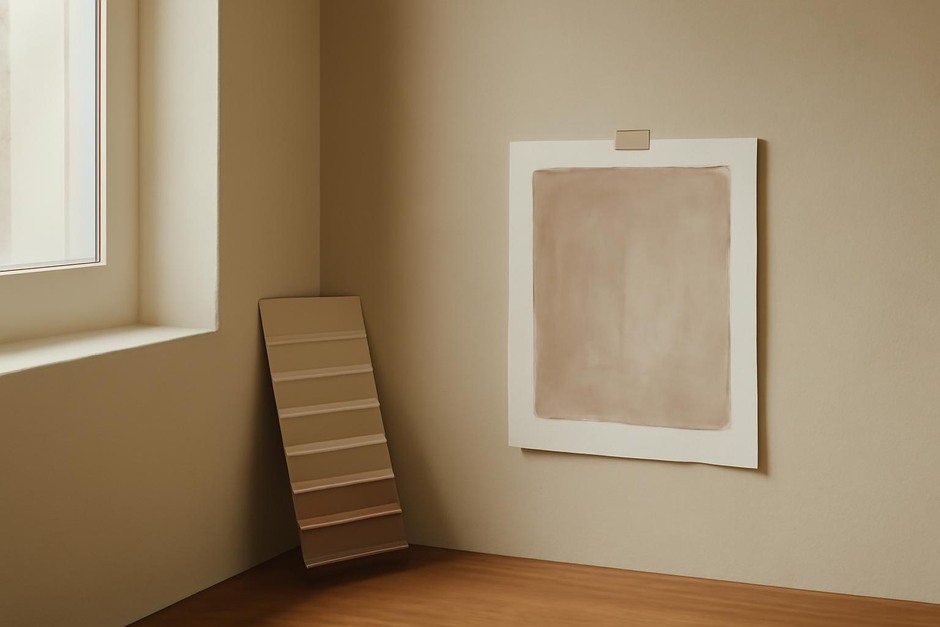 Interior corner with paint swatches and a wash study on paper