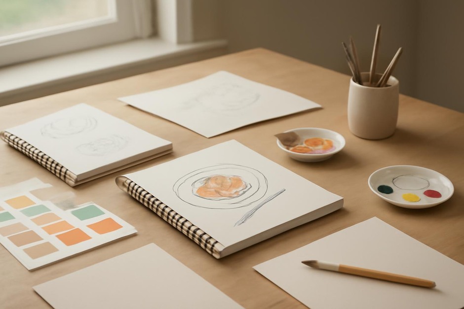 Abstract art desk with color swatches, brush marks, and sketchbook studies.
