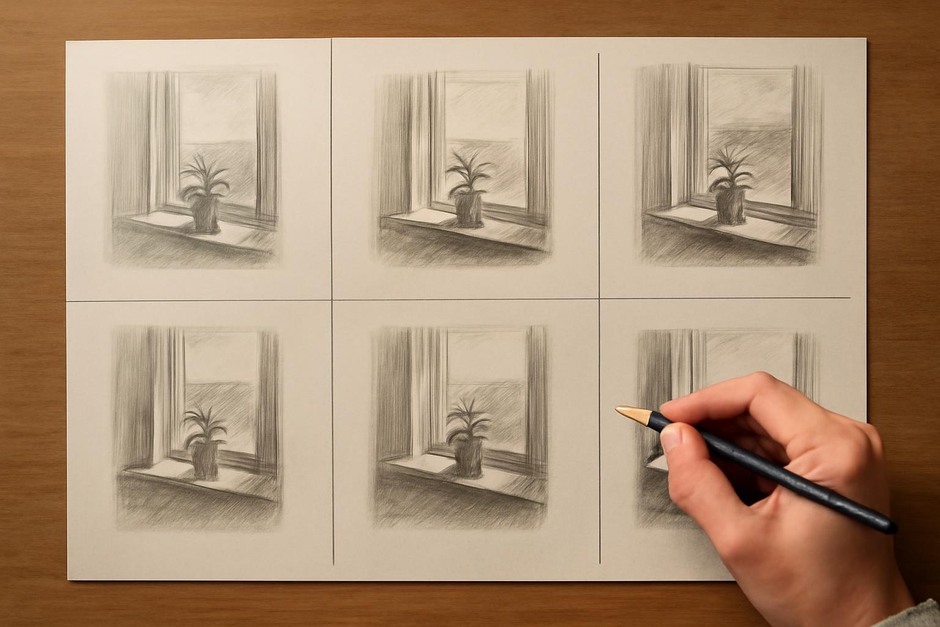 Series of sketches showing changing light on a windowsill