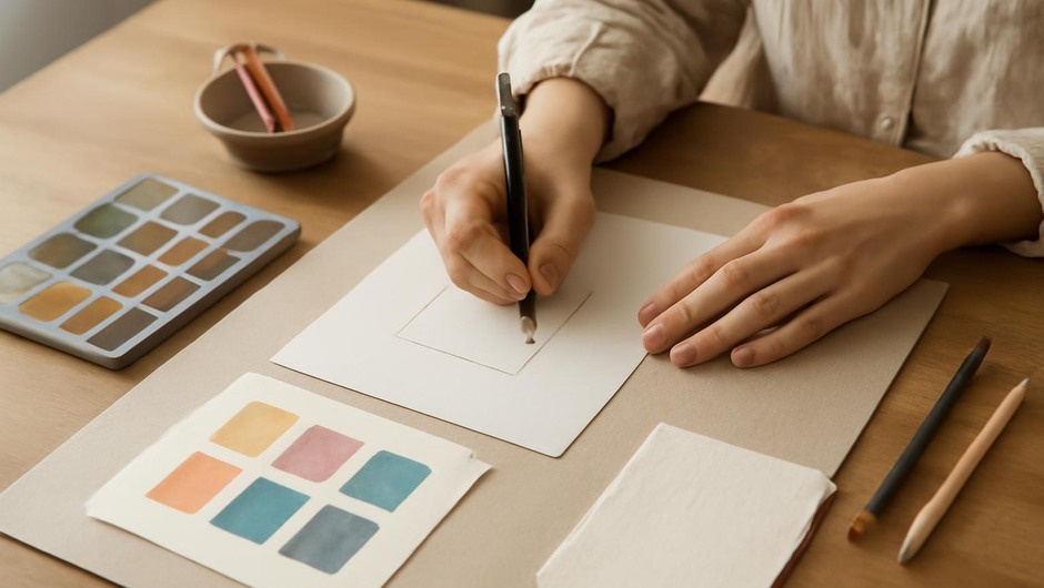 Bright studio image with paint textures, paper layers, and geometric color blocks.